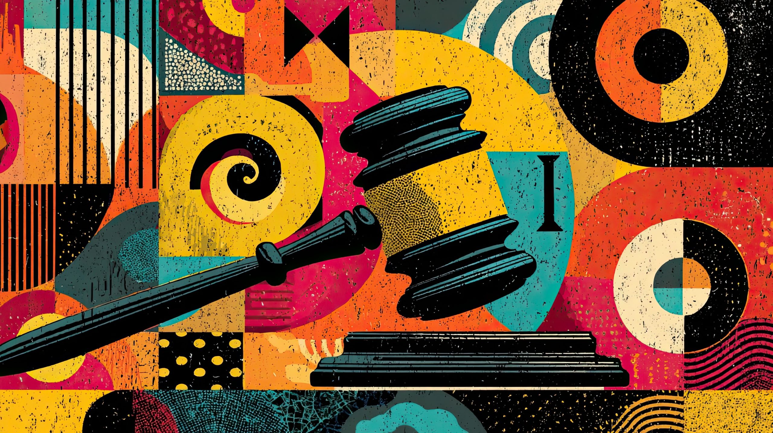 Dynamic gavel striking abstract background symbolizing justice, law, and legal decisions with vibrant, modern artistic flair for impactful business and legal concepts